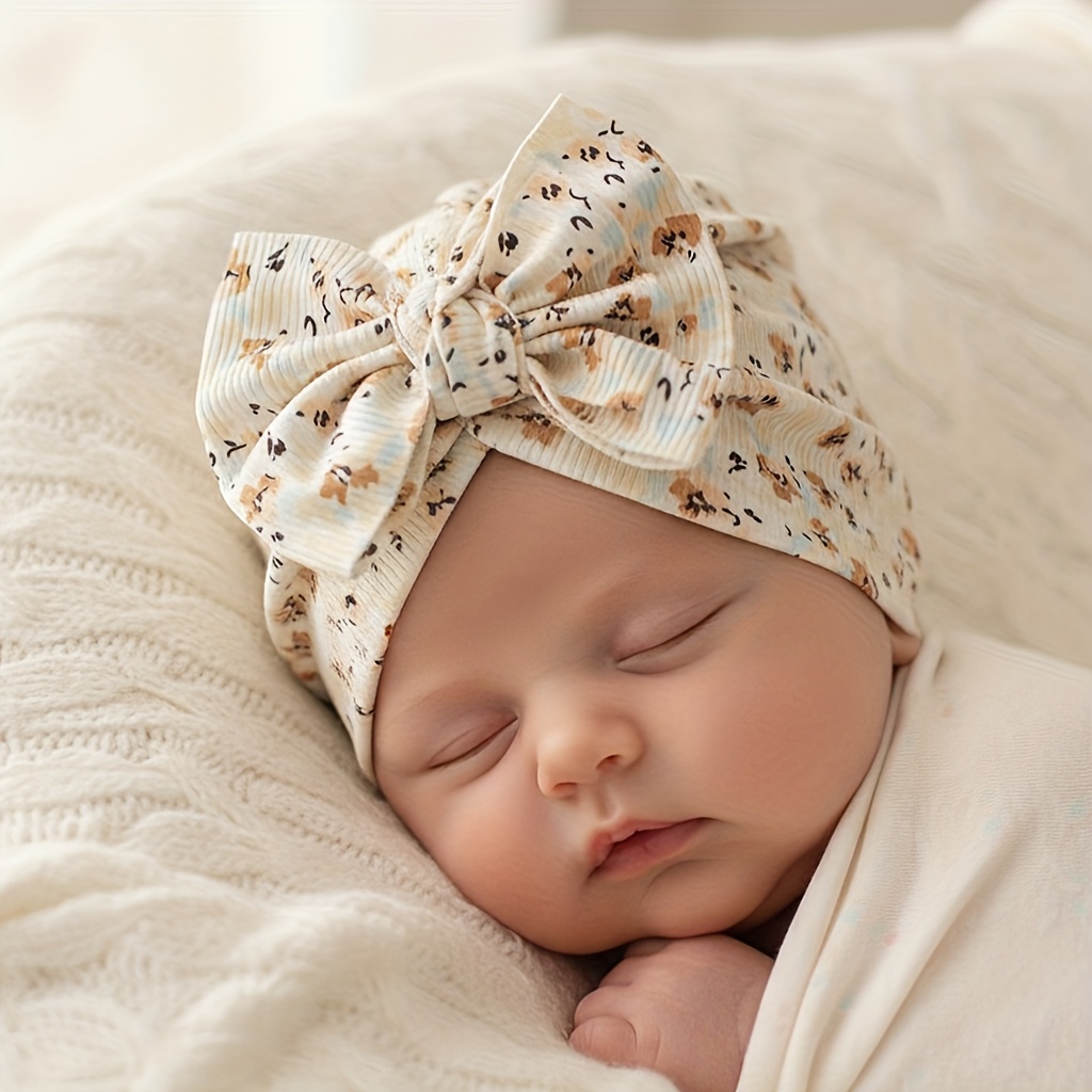 2pcs Set & Hats/Cute Bow Knot Ribbed Caps/Lightweight All-Season Neutral Headwear/Keepsake Gift Set for Birth Announcement Photos/Unisex