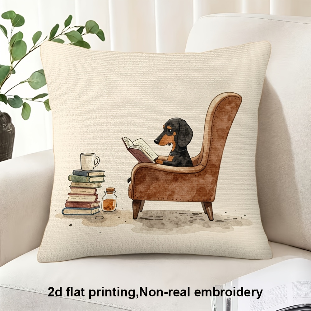 TEMU 2d Flat Printing, 1pc, Dachshund Reading A Book Armchair, Pillow Cover, Double-sided Printing, Polyester, Very Suitable For Decorating Sofas,