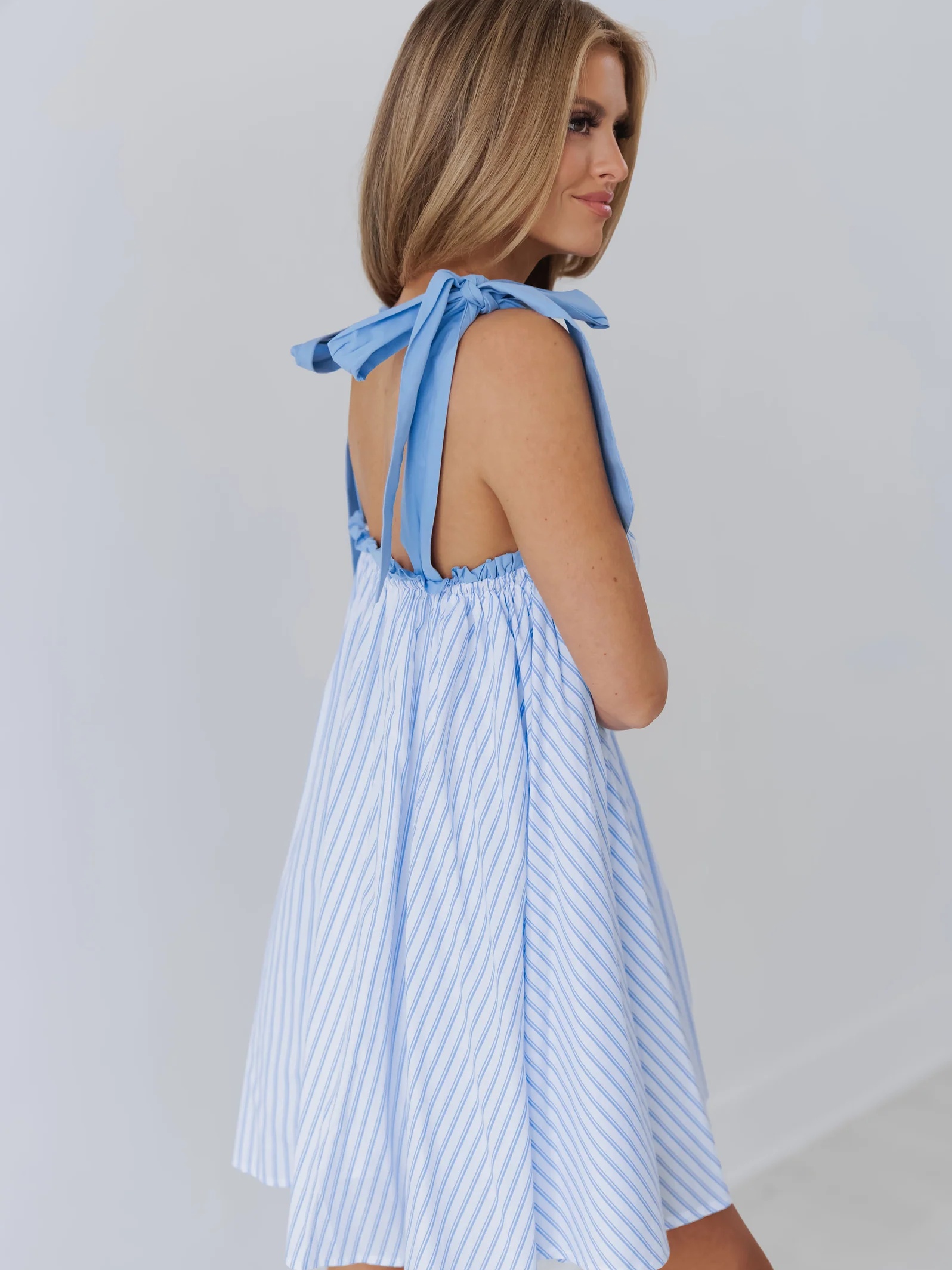 sky blue striped ruffle trim dress shoulder sleeveless a - Temu