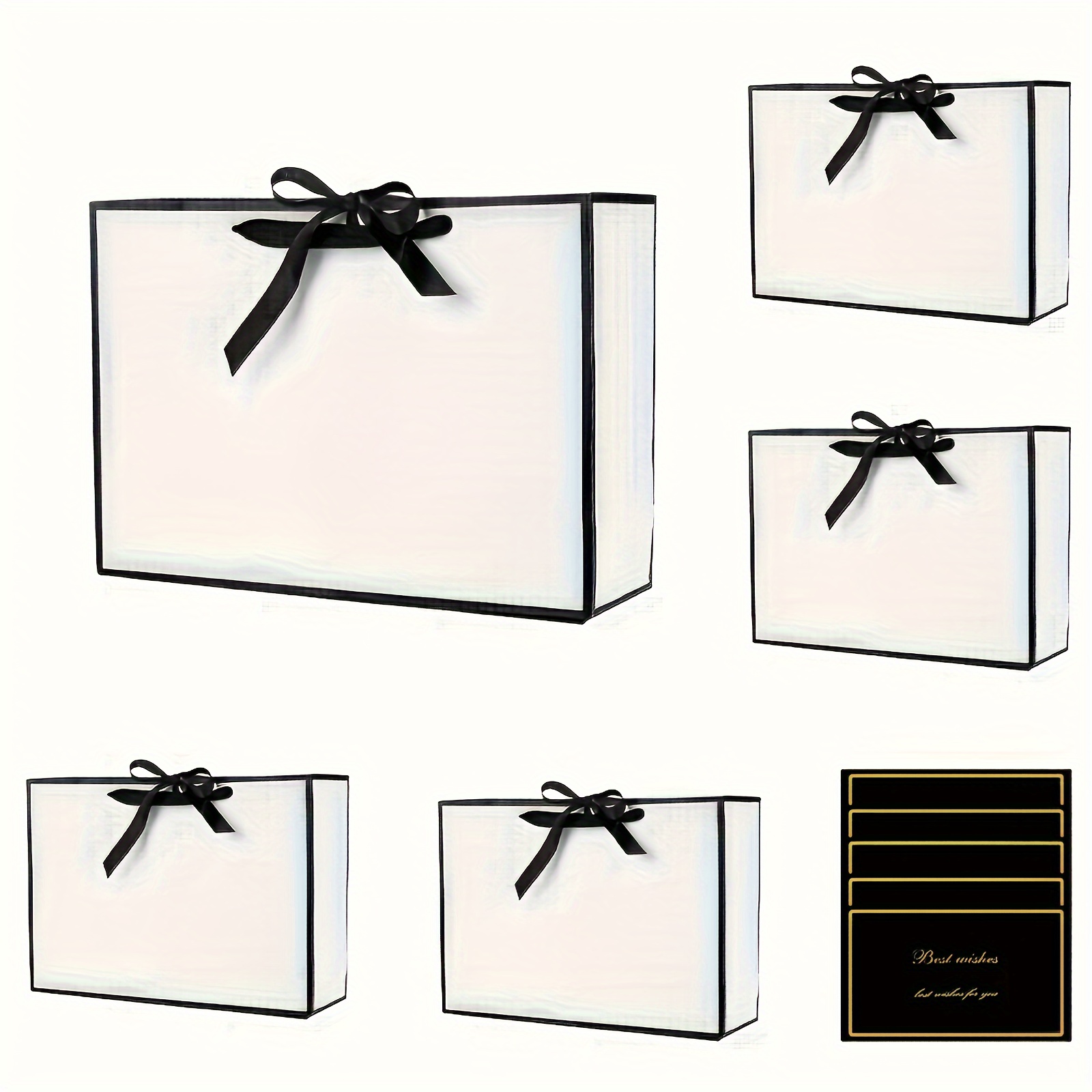 

5pcs, Black And White Gift Bags, Waterproof And Dustproof Gift Bags, Medium Bow Ribbon And 5pcs Card Gift Bags, Goodie Bags With Handles, Gift Bags For Birthday Wedding Christmas Party