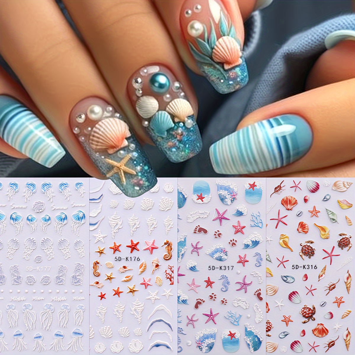

4-piece Summer Beach & Ocean Life Nail Art Stickers - Self-adhesive, 3d Embossed Marine Creatures Decals For Diy Manicure