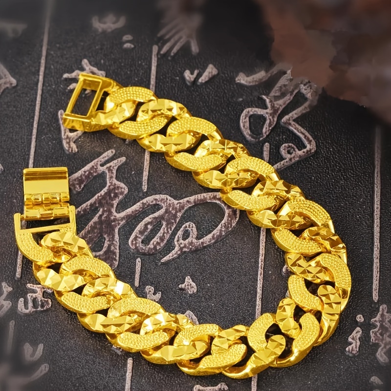 

24k Gold Plated Punk Style Copper Cuban Link Chain Bracelet For Men, Hip Hop Jewelry Accessory Without Mosaic Material - Non-magnetic Vintage Design