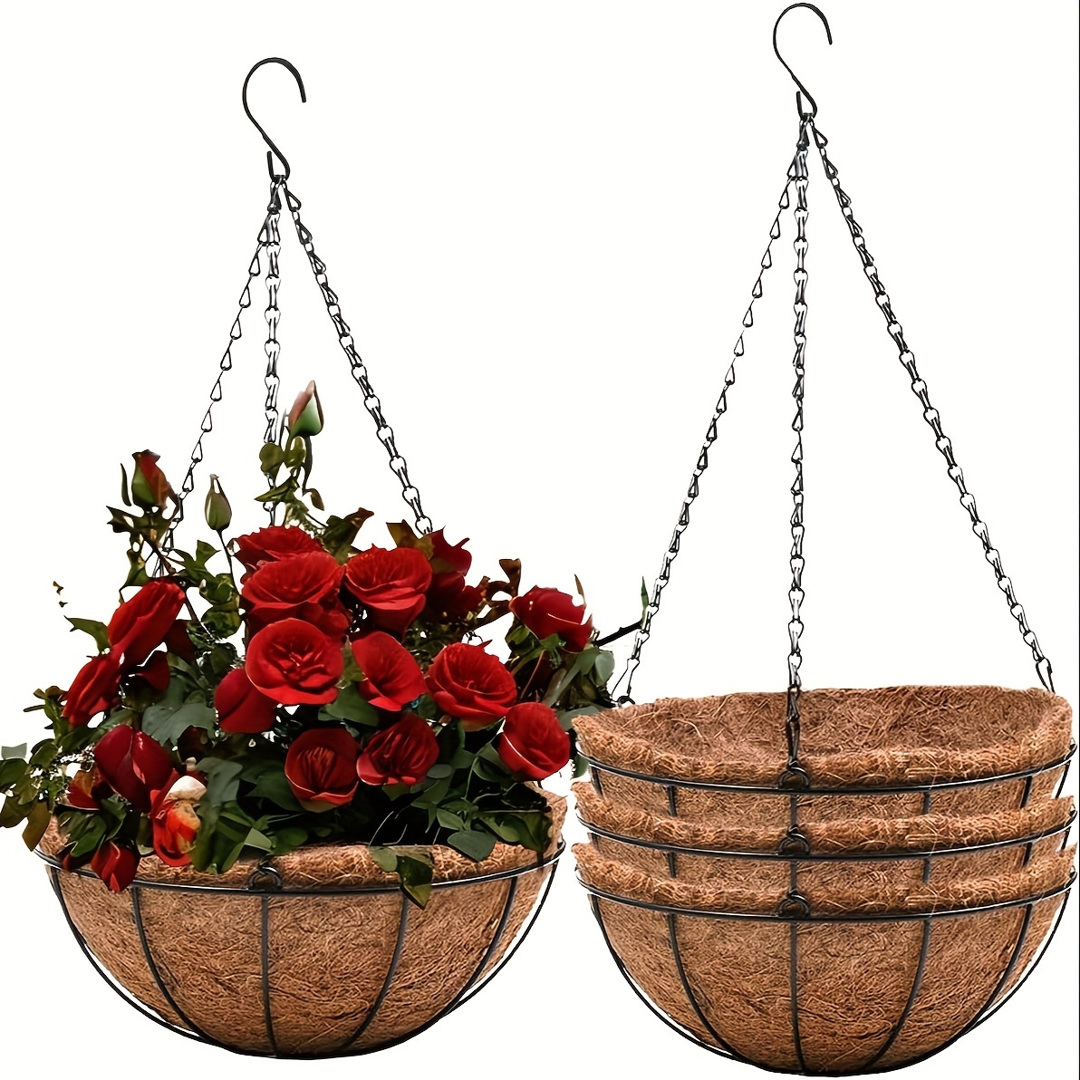 

Hanging Planters Basket Set Of 3 Hanging+ Chain Round Wire Plant Holder And 10inch With Padding, Indoor And Outdoor Garden, Porch, And Balcony Decoration