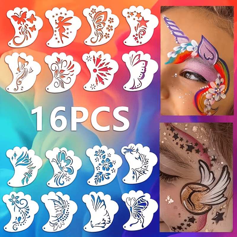 E-shop 16-teiliges Schablonenset für Gesichtsbemalung für Maskenbälle, Cosplay, Karnevalspartys, Geburtstagsfeiern, etc. Ausgestanzte farbige