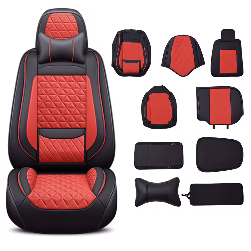 car seat cover leather full set breathable seat protector front rear seat covers set of 5 car interior accessories for most car vehicle interior upgrade upholstery reinforced stitching drivers auto detailers red 7
