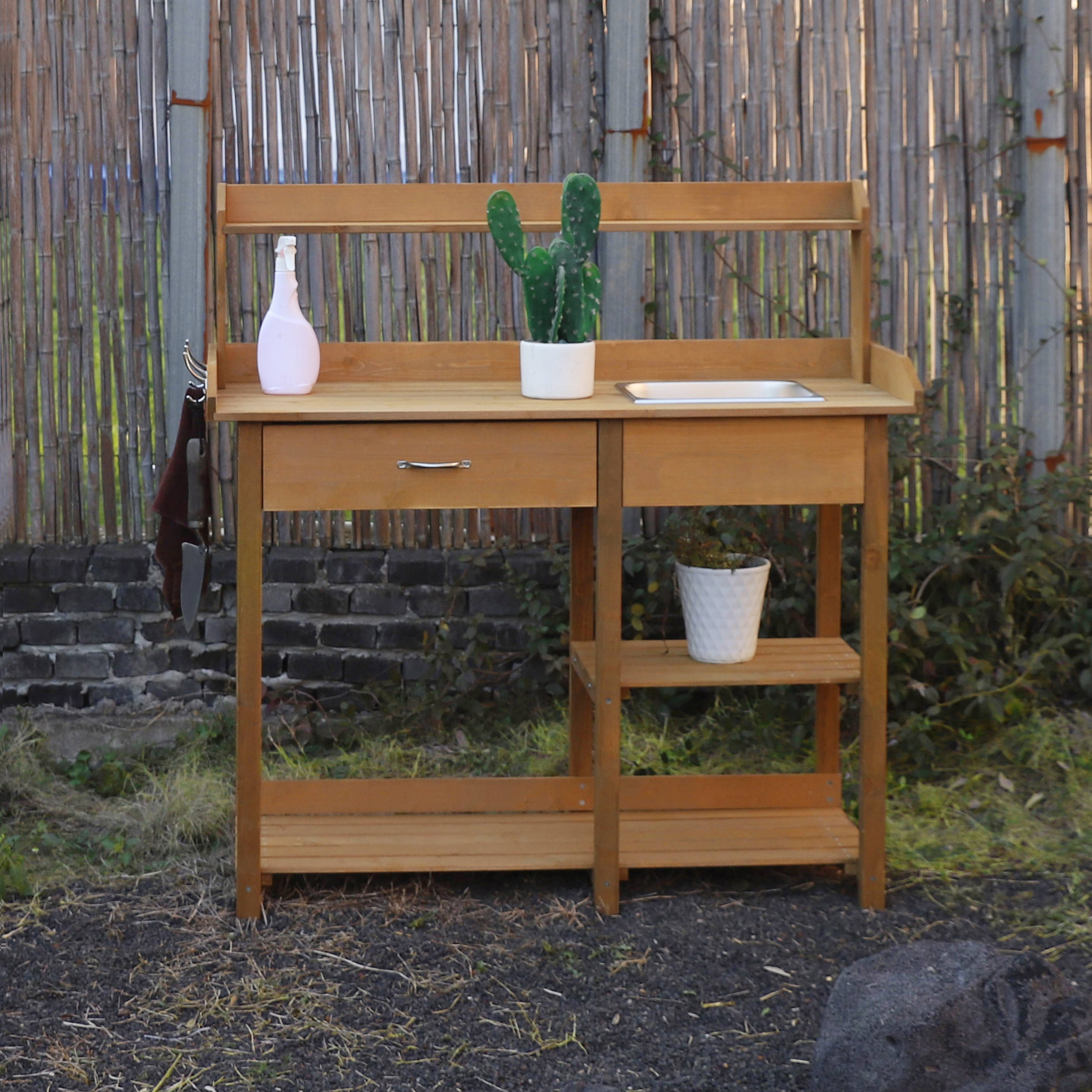 

Outdoor Potting Bench For Garden, Patio, Porch, Potting Bench, Potting Table With Removable Stainless Sink, Side Hooks, And Lower Shelves