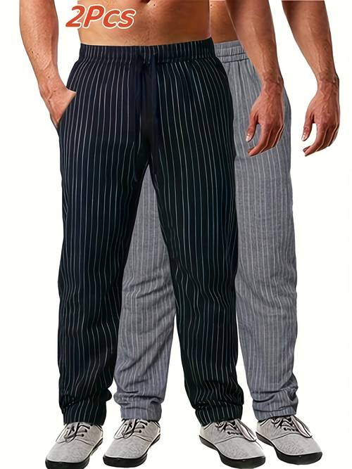 2er-pack herren baumwoll-chef-hosen - atmungsaktiv, leicht, feuchtigkeitsableitend, bequeme sommer-outdoor-kleidung mit elastischem bund & kordelzug, dunkelblau & weiß gestreift, lockerer sitz für freizeit oder berufliche anlässe, nicht dehnbarer stoff, schweißresistent