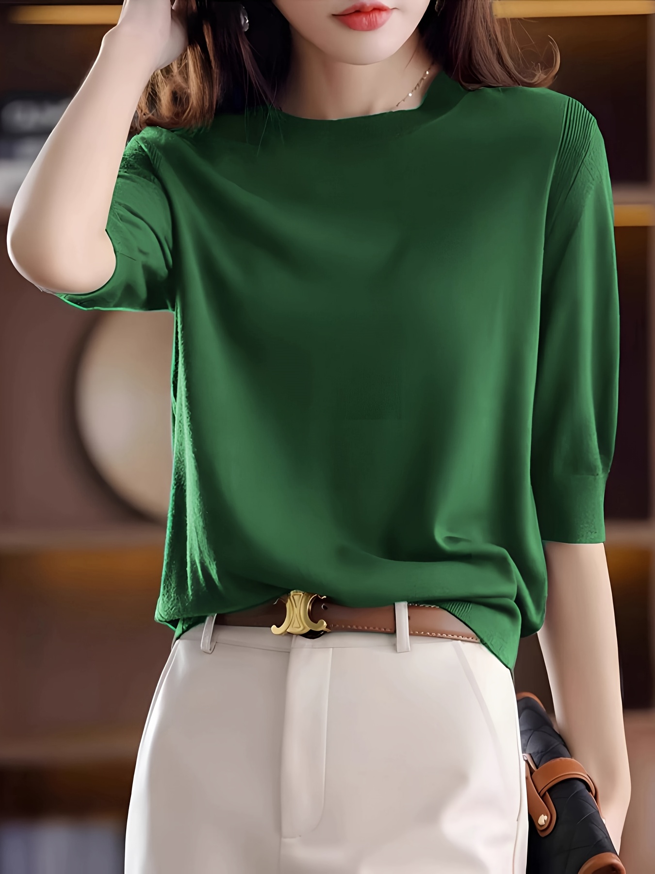 womens   round neck   sleeve top   autumn vintage elegant   part sleeve base layer shirt