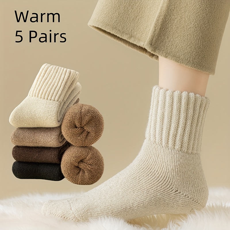 

5 Pairs Solid Thickened Terry Socks, Vintage Style Warm Mid Tube Socks For Fall & Winter, Women's Stockings & Hosiery