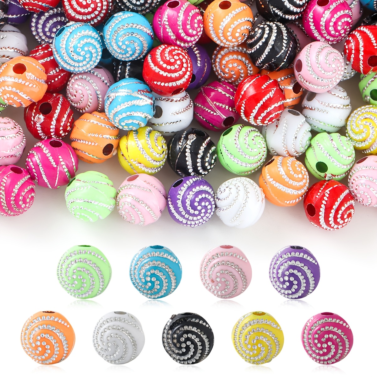 

100pcs 8mm Vibrant Striped Acrylic Beads - Spiral Round Loose Beads For Diy Bracelets & Phone Charms Crafting Supplies