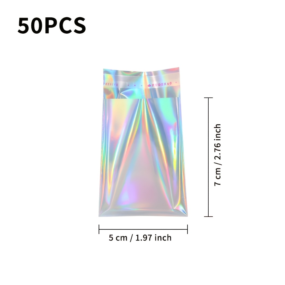 TEMU 50pcs Hot Cut Laser Self-adhesive Bags, Silvery Iridescent Self-adhesive Bags, Packaging Courier Bags, Small Card Sealing Self-adhesive Bags,