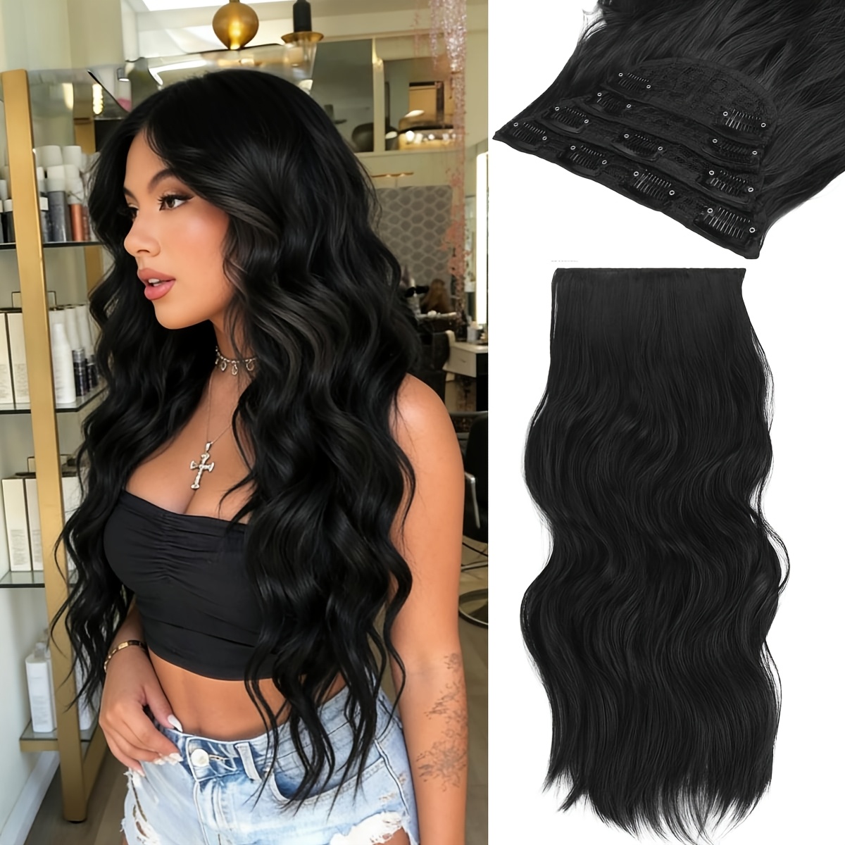 4pcs Barsdar Clip In Extensions | 45cm Synthetic Wavy Hair Extensions With Clips, Dark Brown, Body Wave, High Temperature Fiber, 180g For Women