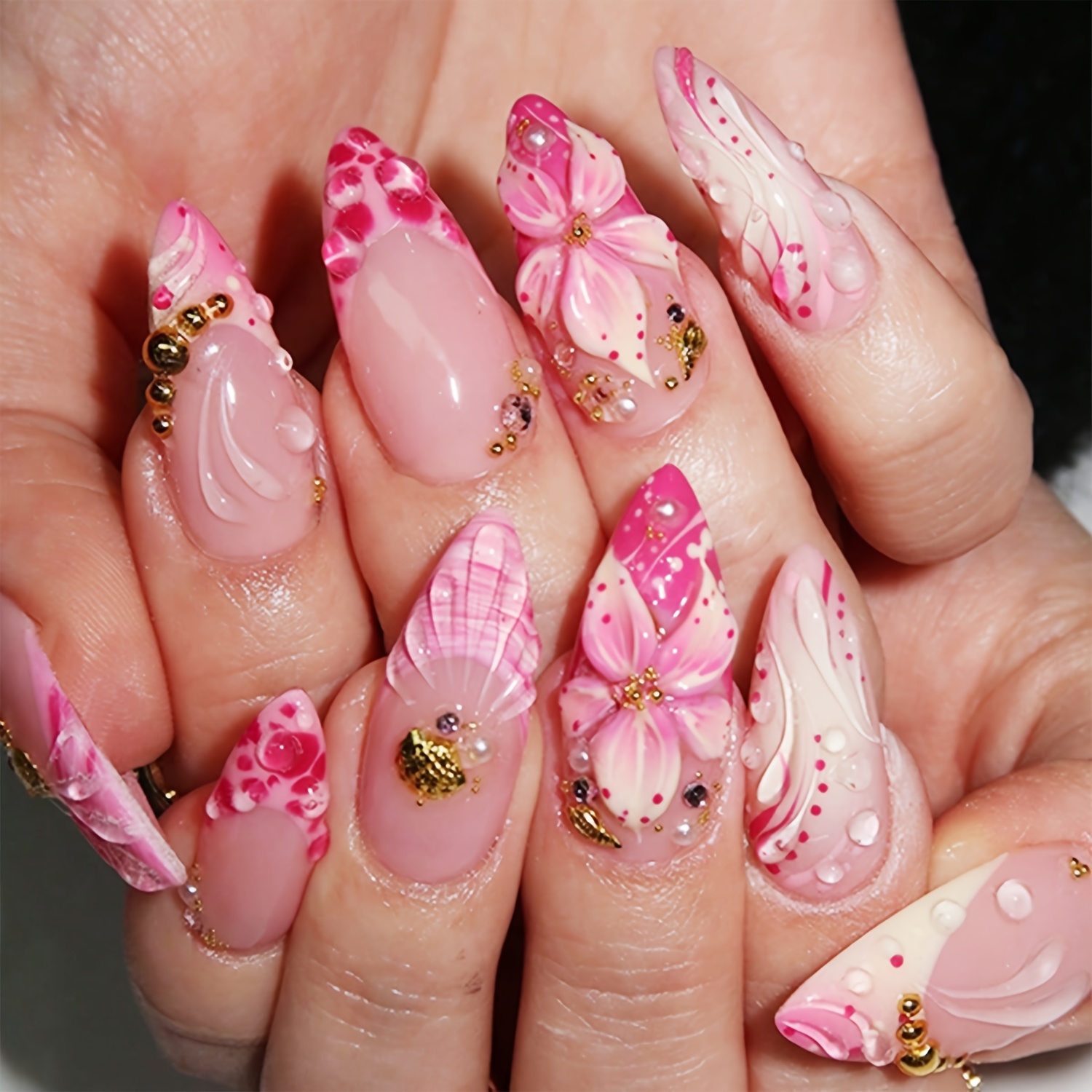TEMU Pink Contrasting Almond Shaped Flower 3d Drip Bead Shell French Striped Wavy Fake Nails 24pcs Suitable For And Women