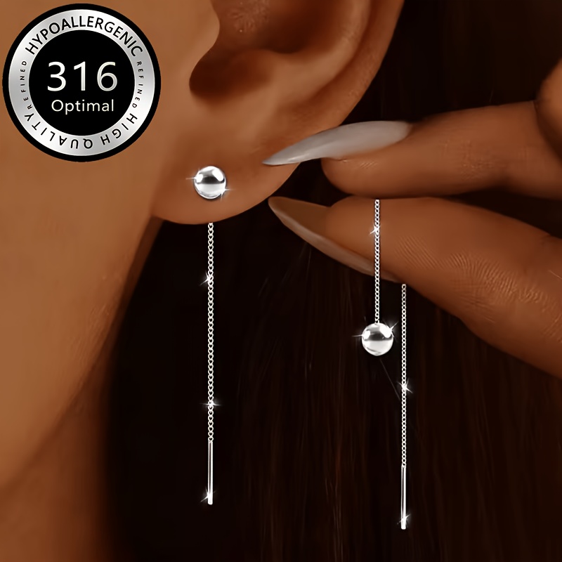 TEMU 2026 New Minimalist Elegant Silvery Tassel Ear Threads For Women, Long Style With Round Bead Pendant, High-end Versatile Face- Earrings, Niche