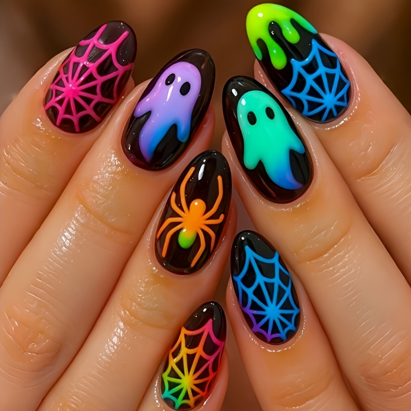 TEMU 24pcs Ombre -the-dark Halloween Nail Stickers, , , Slime Nail Wraps, Almond Shaped Cute Y2k Style Nail Art Supplies Nails - Multicolor - View 1