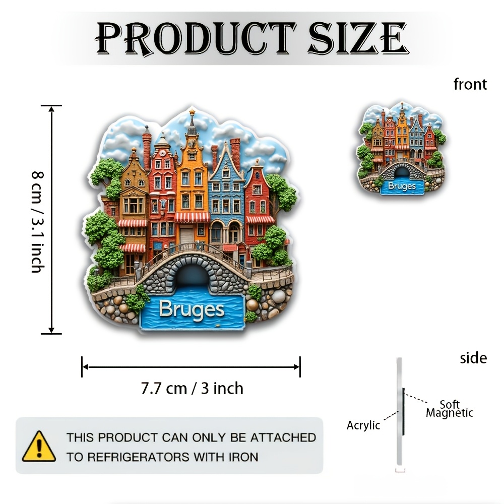 TEMU 1pc Acrylic Fridge Magnet - Bruges , Colorful European Town, Unique Architecture And Stone Bridge - Durable Acrylic Material, Perfect For Travel