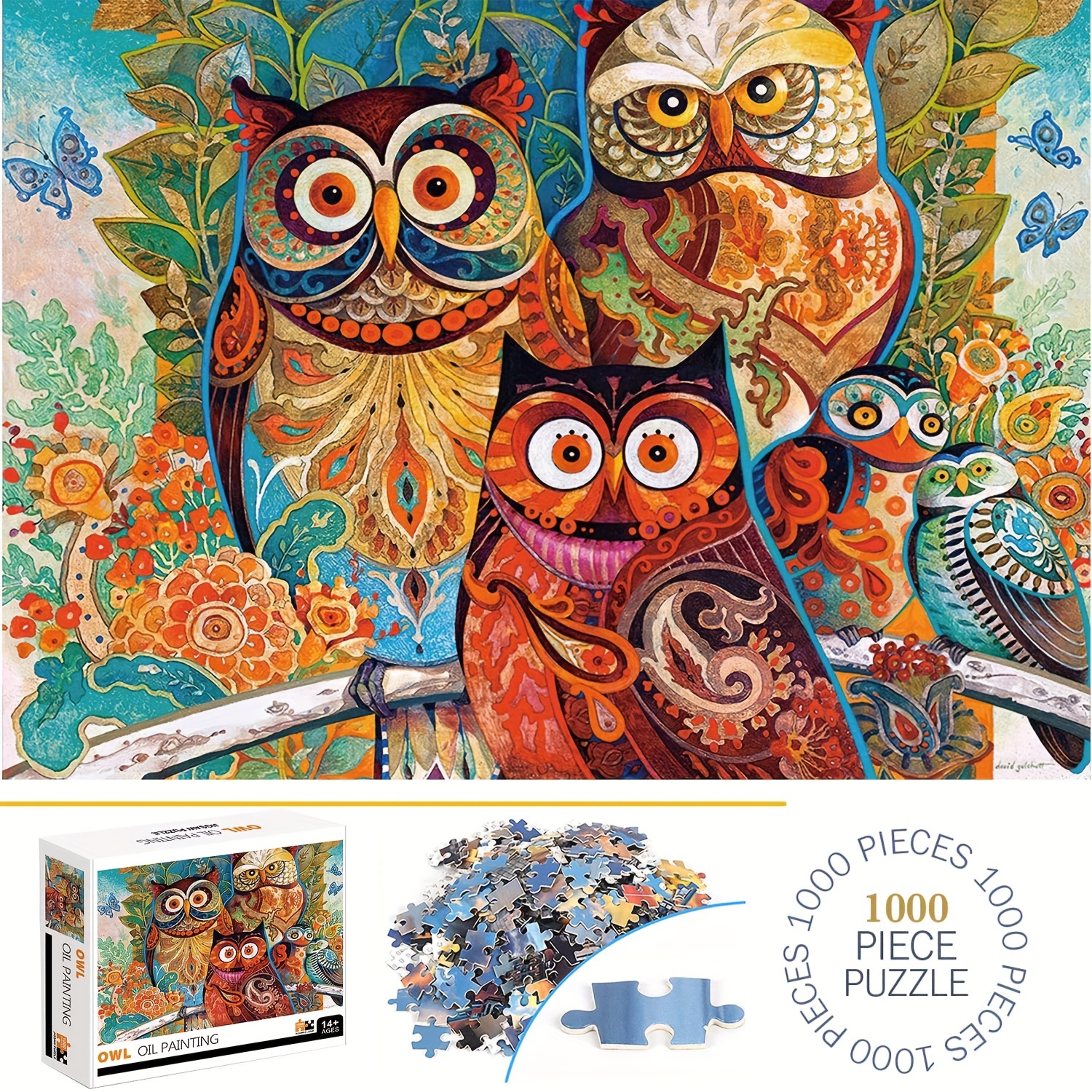 

1000pcs Owl Oil Painting Puzzles, Thick And Durable Seamless Jigsaw Puzzles For Adults Fun Family Challenging Puzzles For Birthday, Christmas, Halloween, Easter