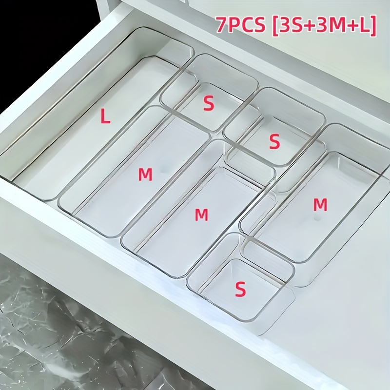 4/7/8pcs Set Of Transparent Drawer Built-in Cosmetic Storage Boxes, Stationery Storage, Divider Dressing Table Desktop Skincare Organizer, Desk & Drawer Organizer For Home Storage