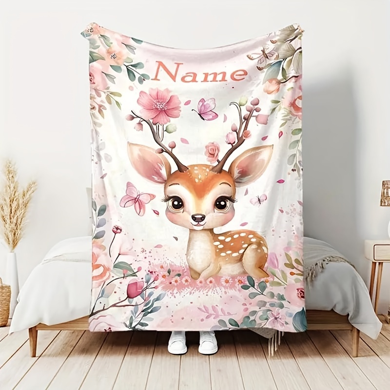 

Custom Text Deer & Floral Print Flannel Blanket - Soft, Warm, And Personalized For Couch, Bed, Travel, Camping, Living Room, Office - Machine Washable, Comfort