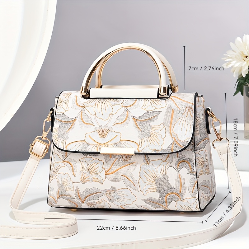 Elegant Floral Print Women's Handbag - Stylish Crossbody Bag with Golden-Tone Hardware, White Base & Black/Beige Floral Pattern, Lightweight & Spacious for Everyday Use