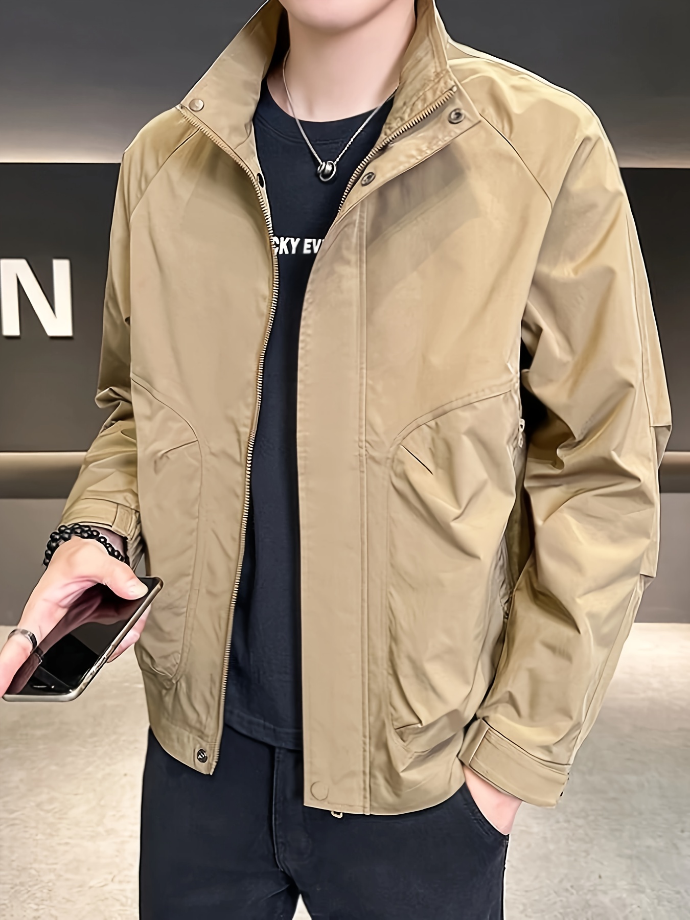 spring mens casual stand collar workwear jacket fashionable - Temu