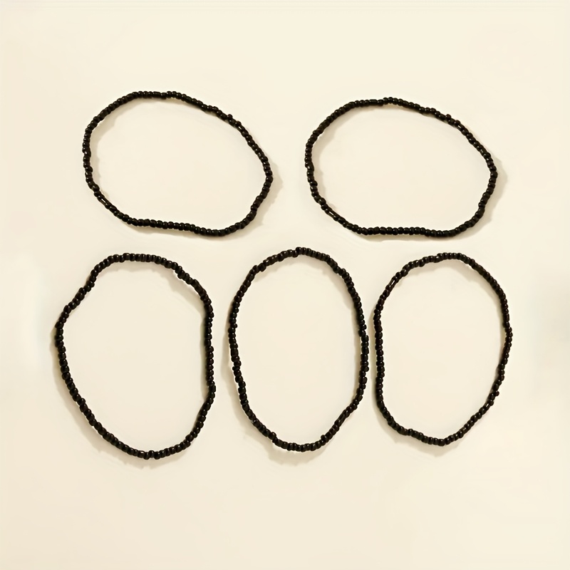 Women's 5pcs Black Beaded Elastic Anklet Set, Bohemian Style