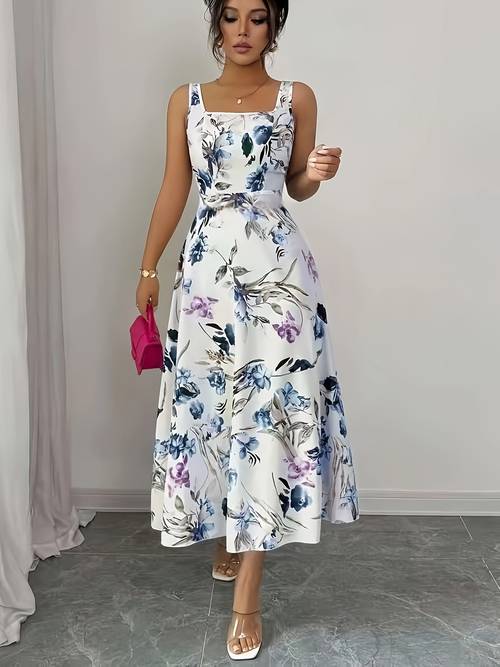 elegant directional womens floral print sleeveless square neck a line long dress suitable for vacation travel parties and daily wear