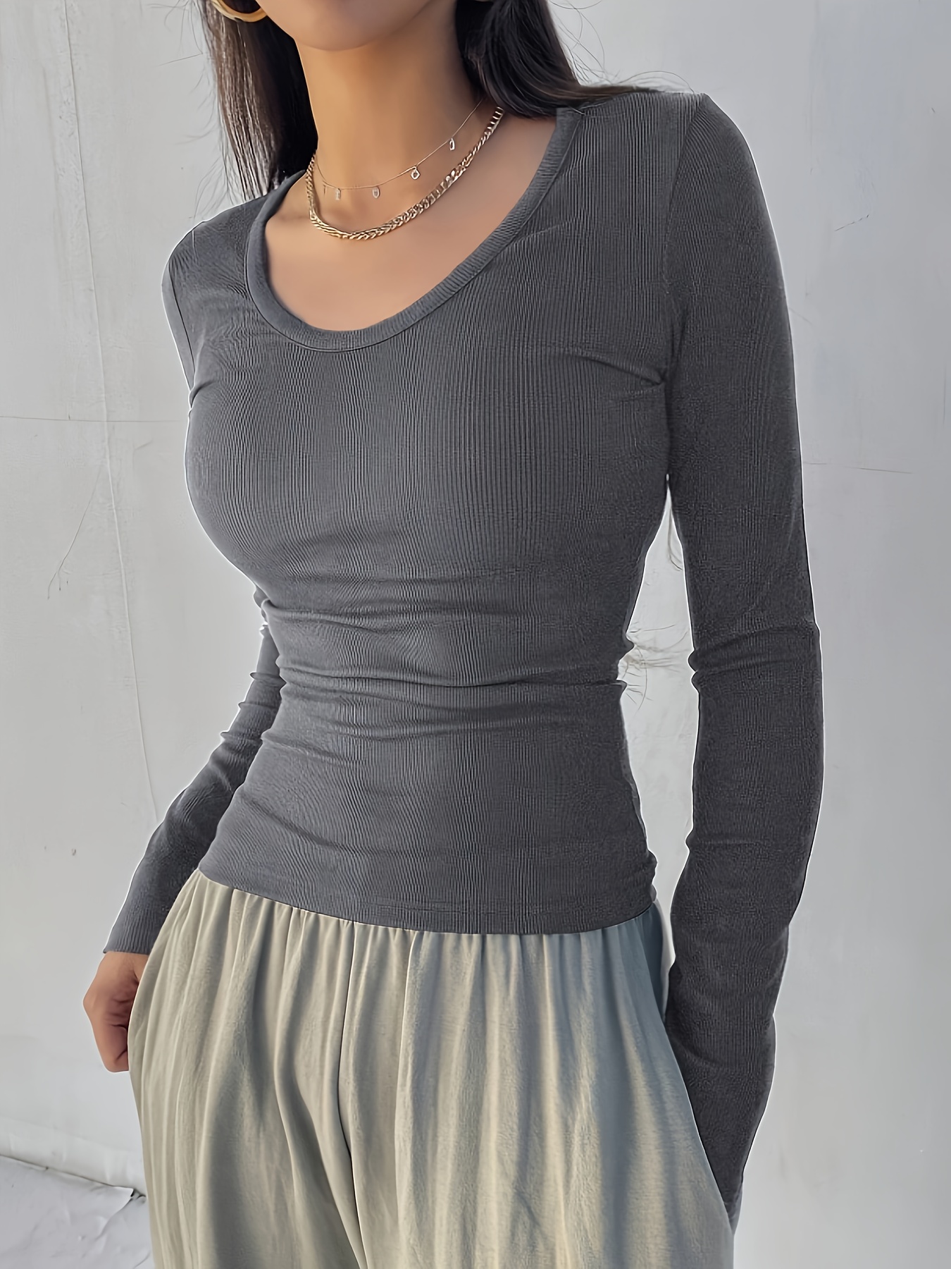 Solid Color Crew Neck T-Shirt, Casual Long Sleeve T-Shirt For Spring & Fall, Women's Clothing