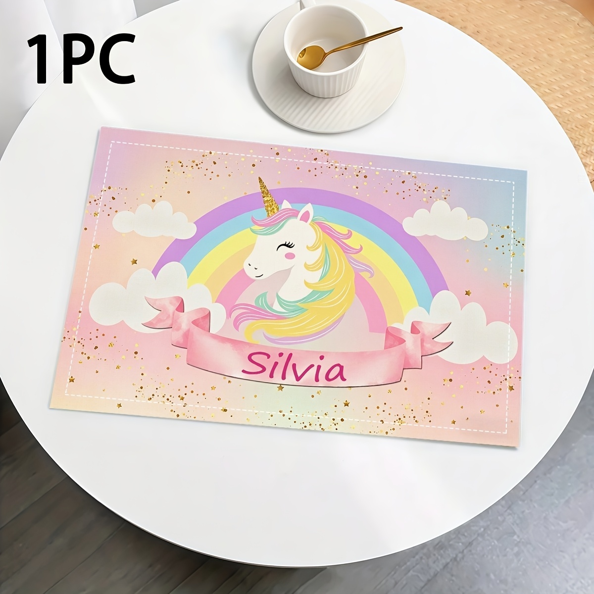 TEMU 1/2/4/6pcs Customizable Name Cartoon Unicorn Pattern Placemats, Washable Atmosphere Decor, Sideboard Tablecloth, Farmhouse Table Mats, Steak