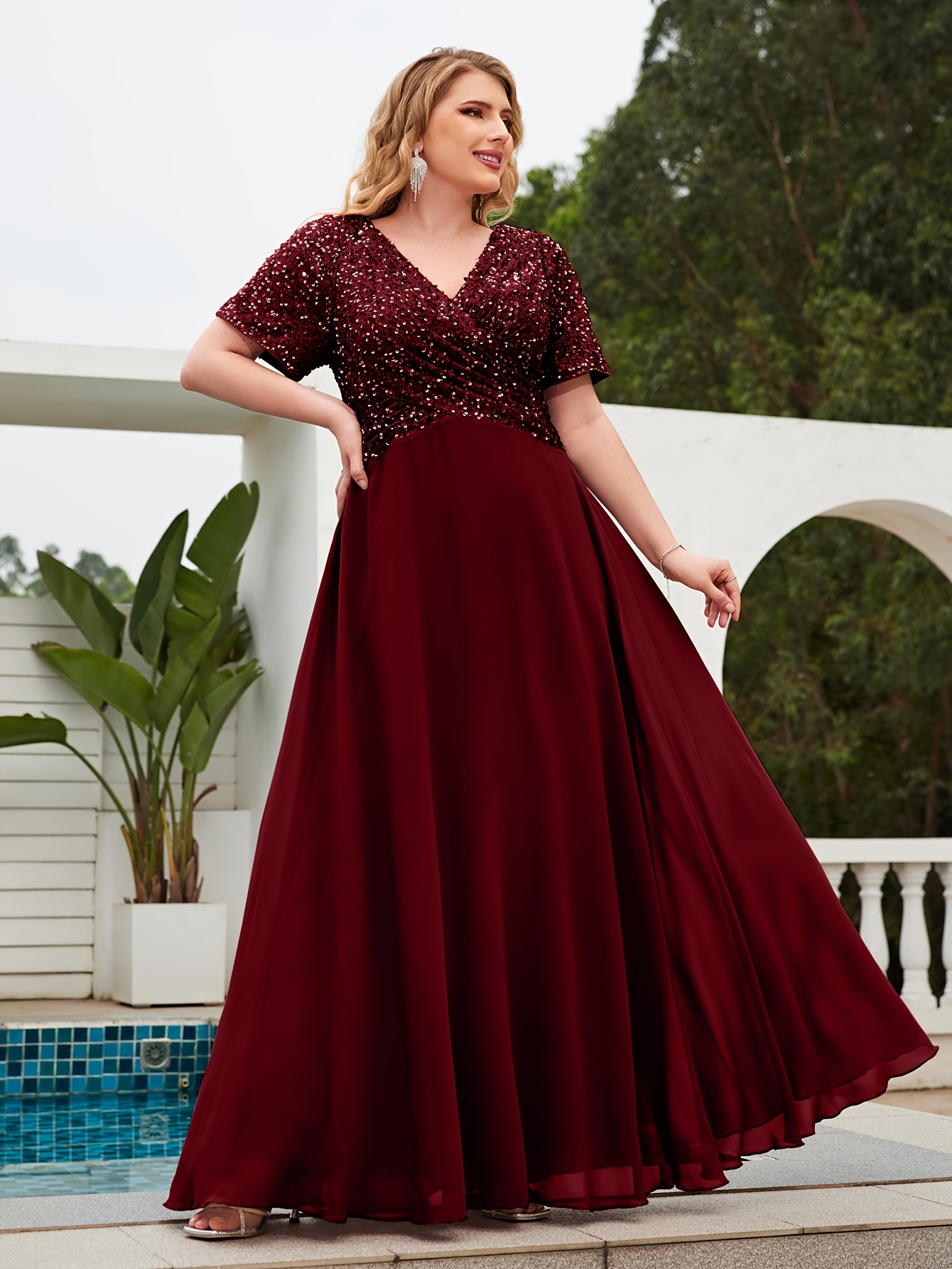plus size plus size sequined straight sleeve spliced chiffon - Temu