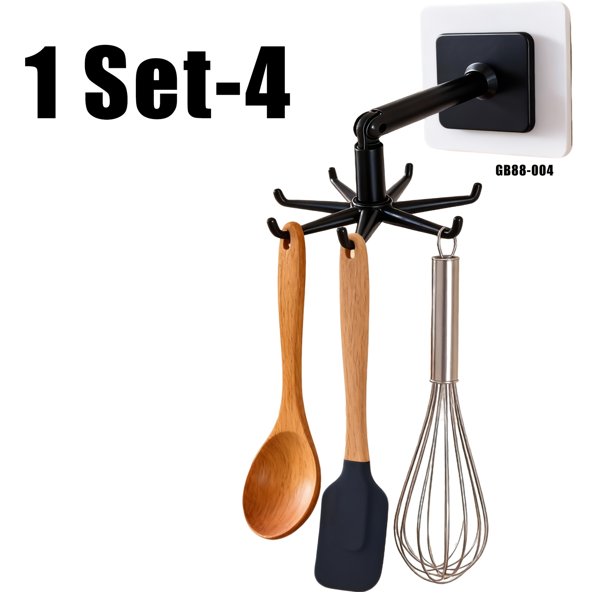 1 Set No-drill 360° Rotating Pot Rack Wall Mounted - Expandable Kitchen Utensil Holder With Ceiling Storage Shelf For Spoons, Ladles, Pans, Black Plastic Space Saving Organizer