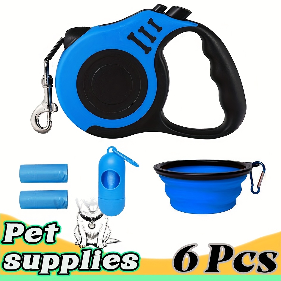 A 6pcs Pet Travel Kit Including a Pet Cleaning Set, a 5M/16.4Ft Retractable Dog Leash for Easy Control, a Dog Waste Collection Kit, Poop Bags, a Dispenser, And a Convenient Dog Bowl, Suitable for Outdoor Walks, Travel, And Hiking