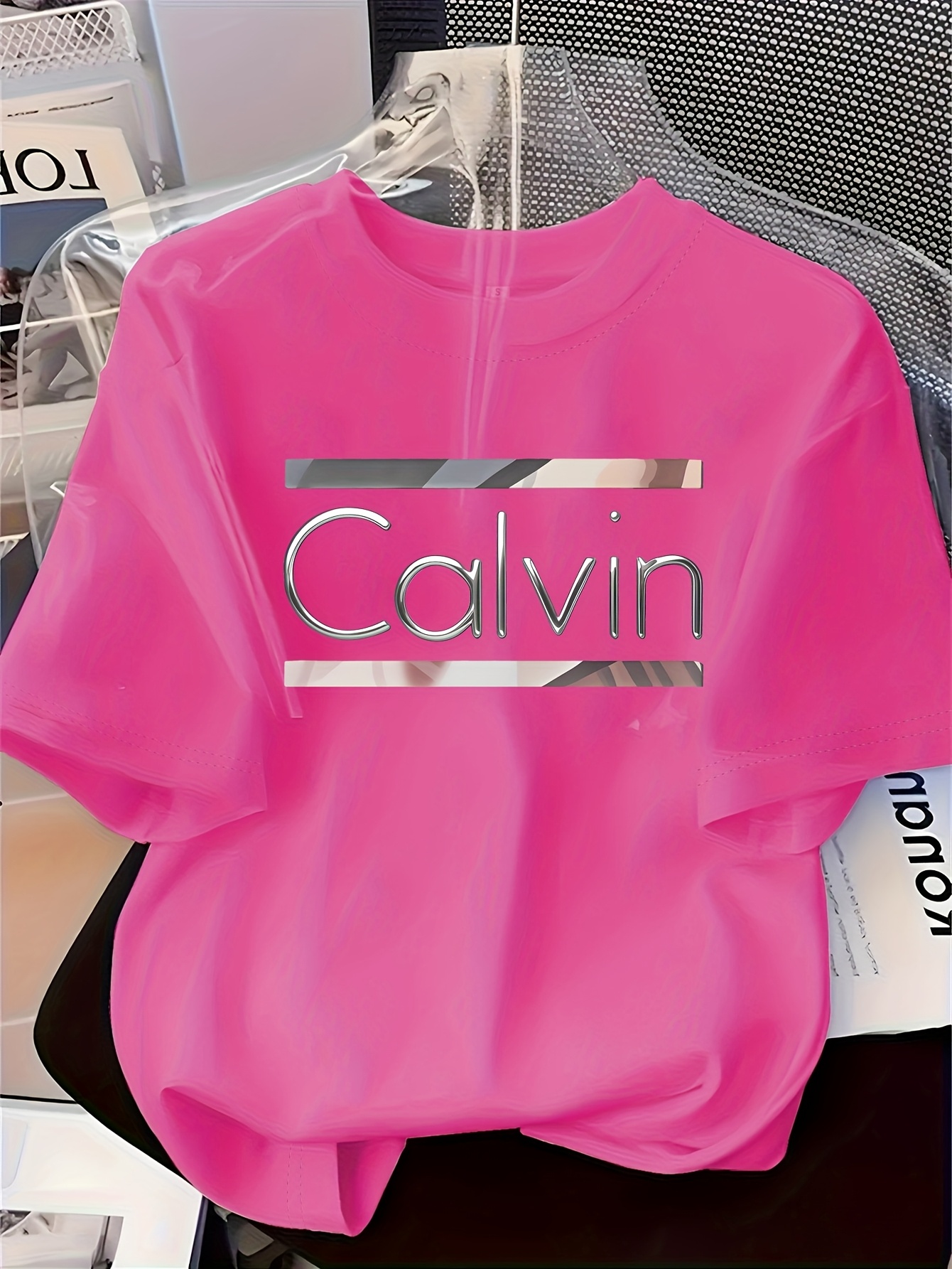 Women's Elegant Round Neck Short-Sleeve T-Shirt - Vibrant Red with White Calvin Monogram Print, Soft Fabric, Casual Versatile Top for Spring & Summer, Machine Washable, Casual Attire, Stylish Letter Print, Comfortable Fit