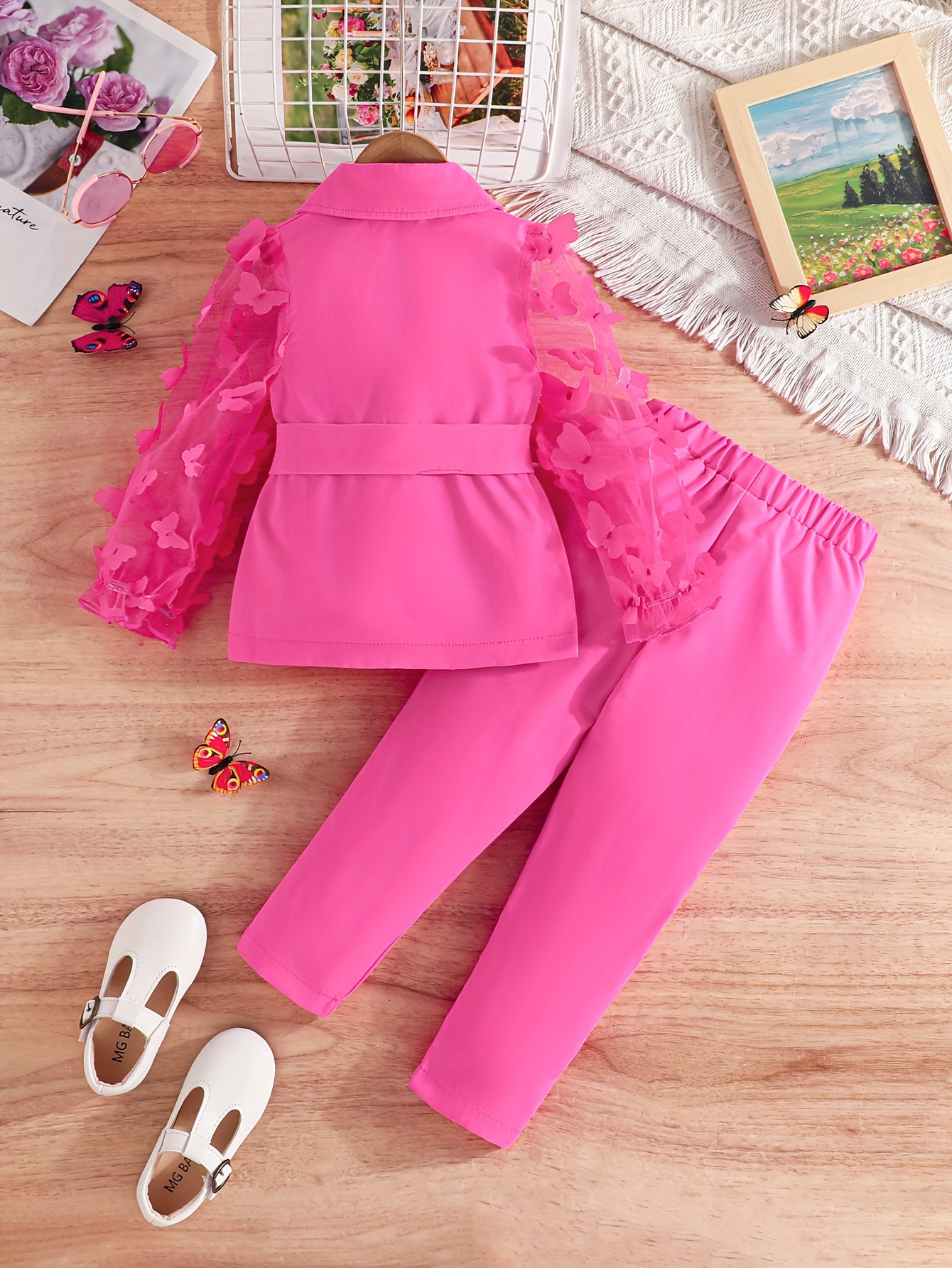 2pcs Girls' Butterfly Blazer and Solid Color Pants Set