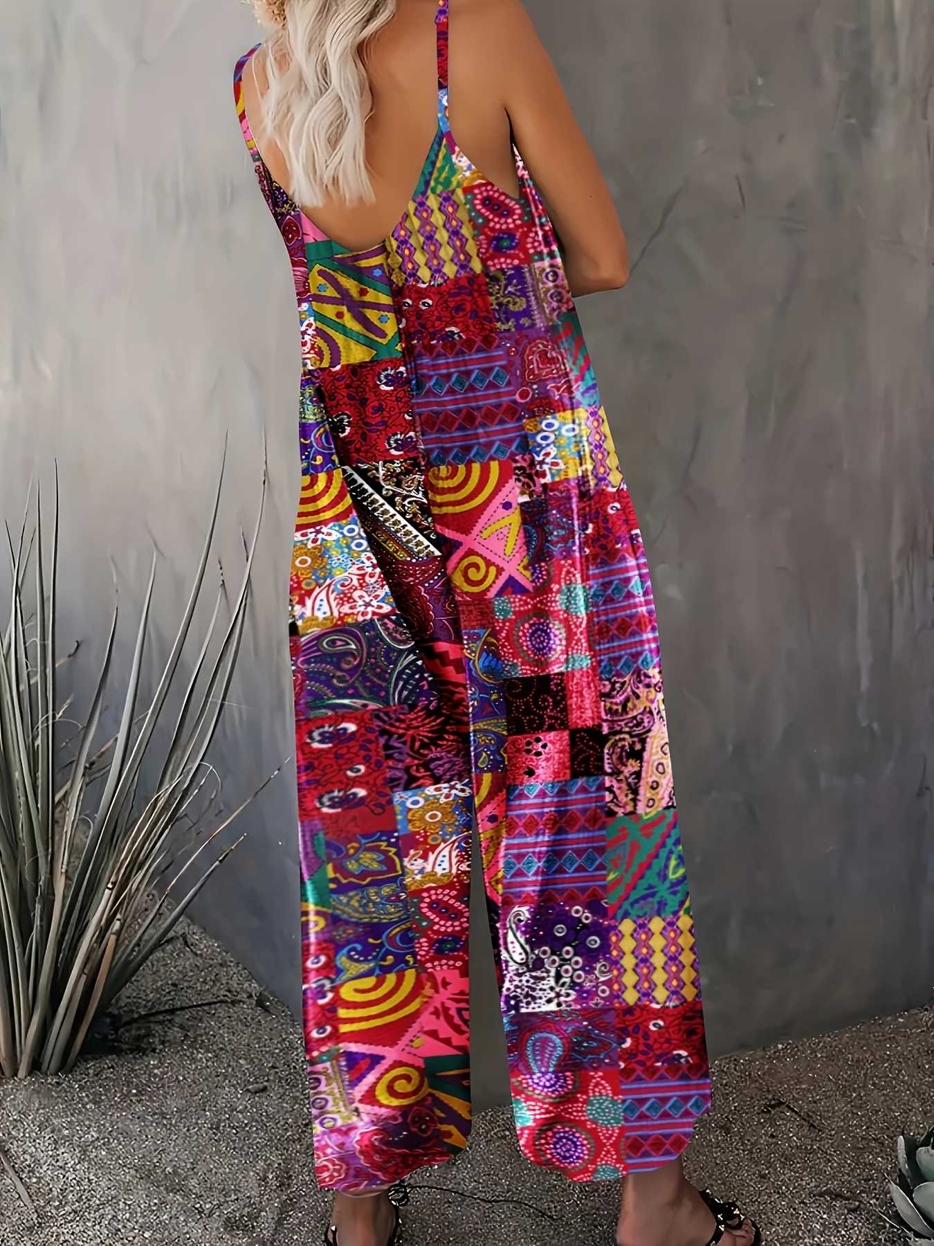 Plus Size, Women's Plus Size Paisley Print Jumpsuit Scottish  Tartan-Inspired Scottish Collar Wide-Leg Romper with Pockets, Sleeveless  Maxi Dress