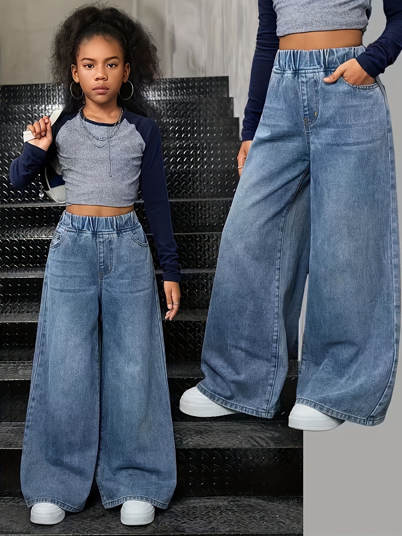 Girl's Straight-leg Jeans, Y2K-style Washed Denim Design for Young Girls, Elastic Stretch Waistband, Loose and Comfortable Fit, Basic Fashionable Cut, Trendy and Cool Street Style, for Daily Outings, Casual Sportswear Pants, Autumn/winter Trousers