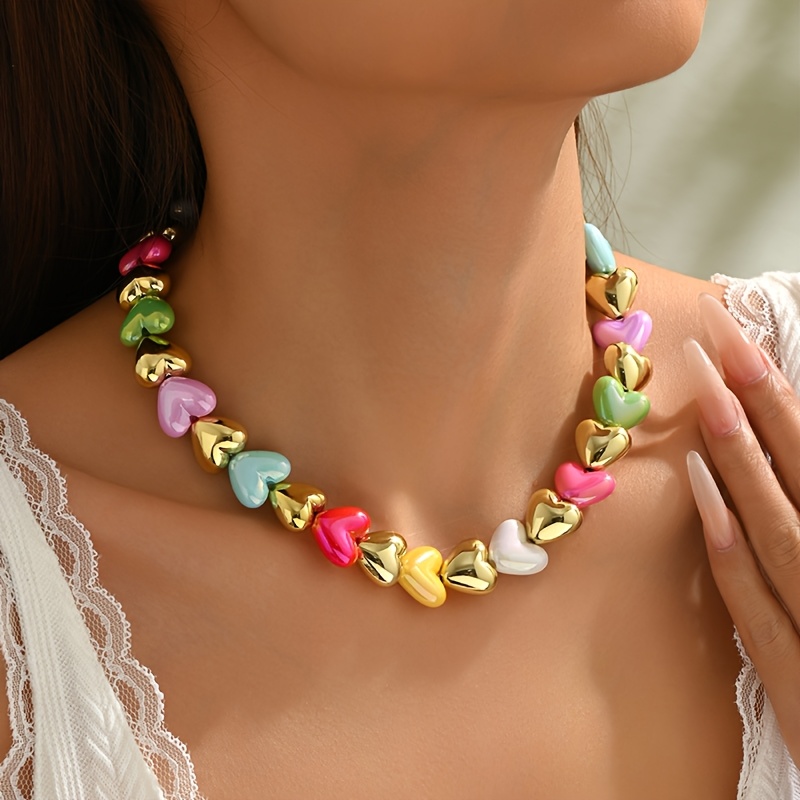 Boho Resin Heart Necklace Colorful with Lace Top