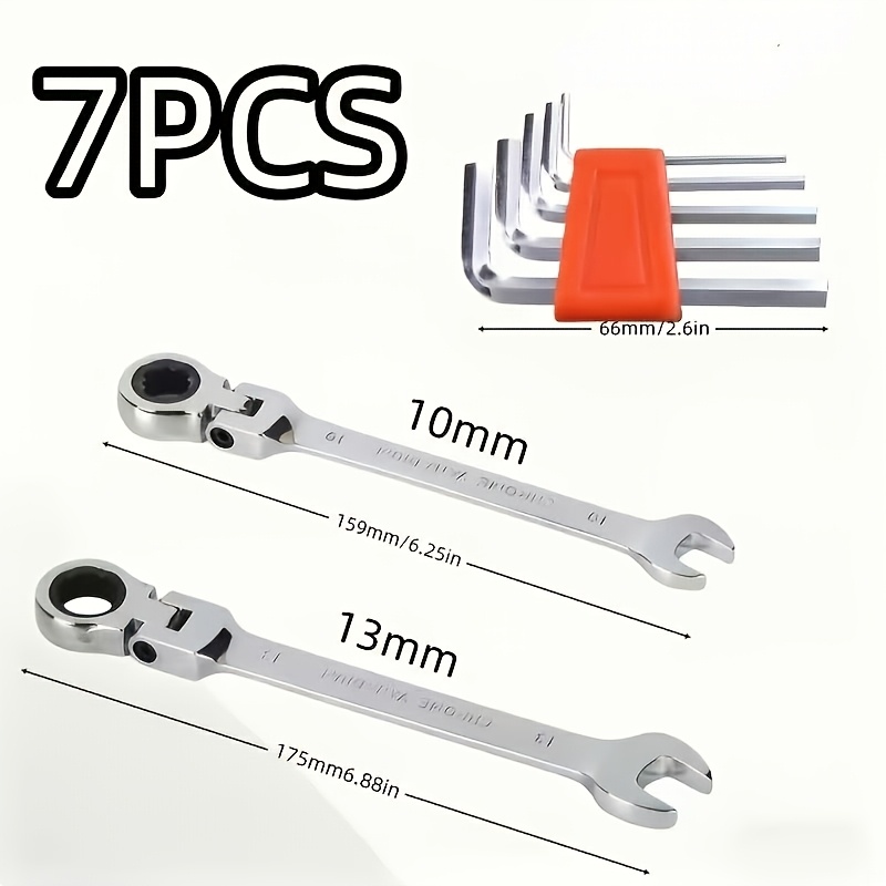 TEMU 2pcs Ratcheting Double-ended Wrenches (10mm, 13mm) And 5pcs Hex Key Wrenches (2/3/4/5/6mm), Suitable For Mechanical Repair And Home Improvement