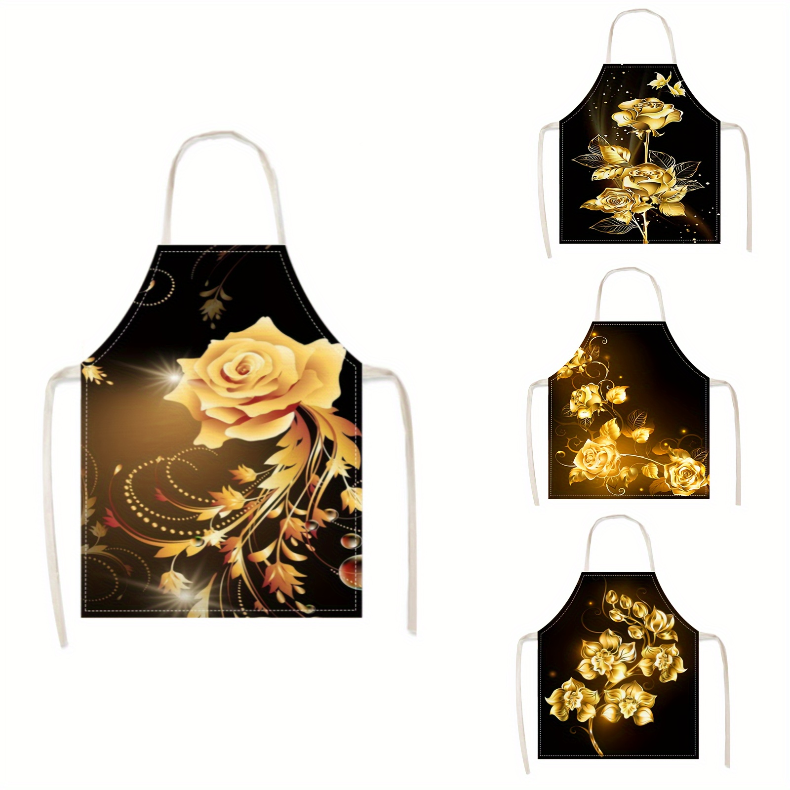 

1pc, Cooking Apron, Creative Personalized Fashion Golden Rose Pattern Apron, Suitable For Home Baking, Cooking, Oil-proof And Wear-resistant Work Apron
