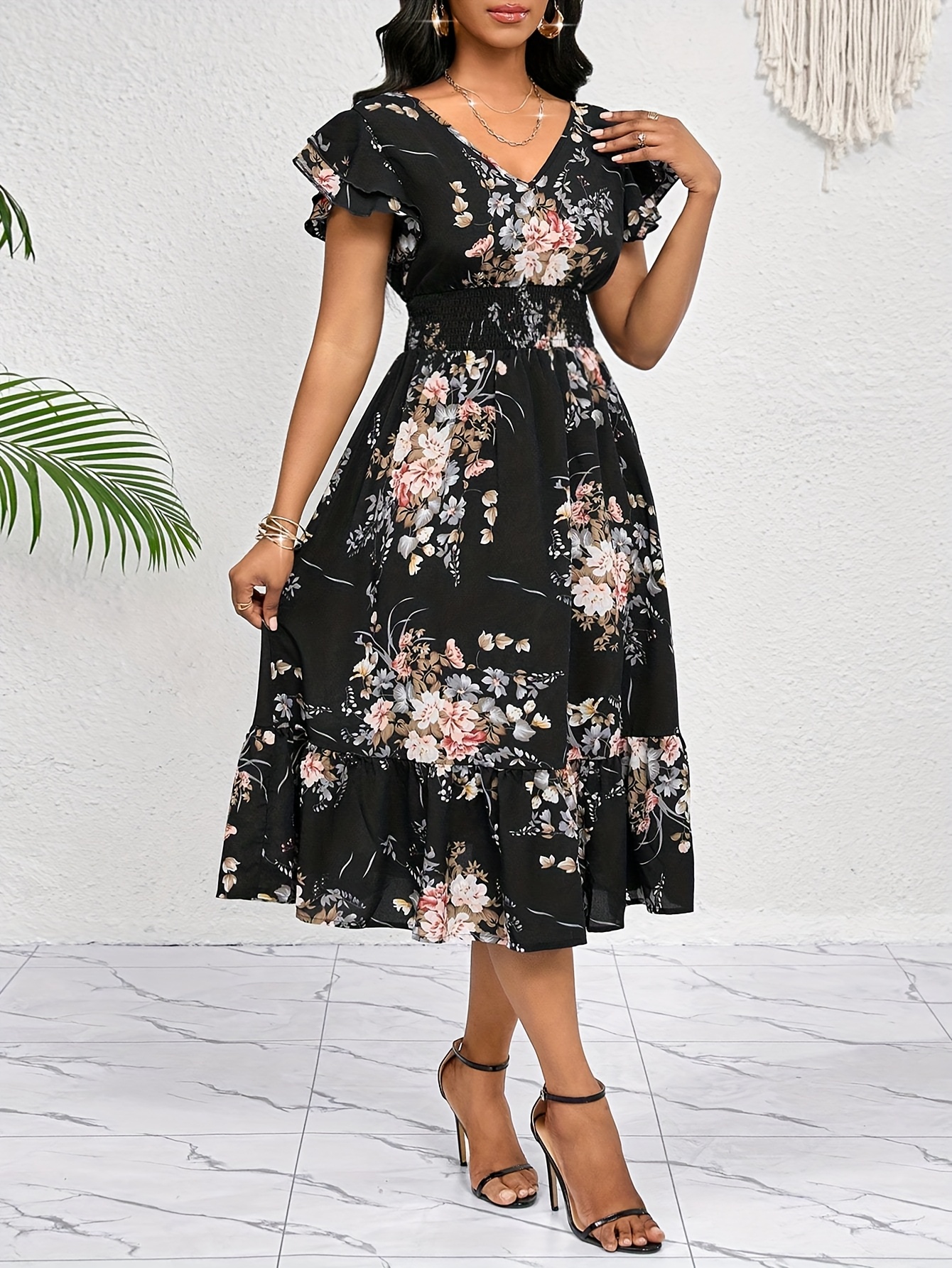 slim fit dress slacks PRETTYGARDEN Women's Casual Midi Dresses Square Neck Short Sleeve Smoc