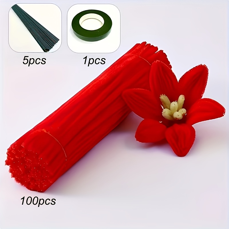 TEMU Lot de 106 tiges torsadées rouge et rose, fausses tiges de fleurs, parfaites avec la ruban adhésif floral, pour la fabrication artisanale,
