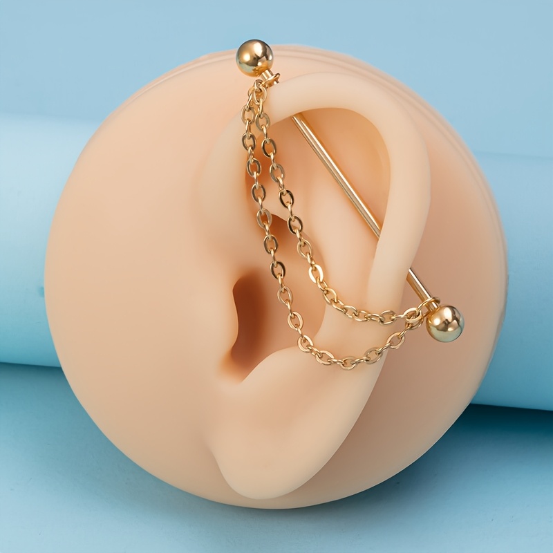 1pc 38mm Industrial Barbell Earrings For Cartilage Piercing, Featuring A Chain, Made Of Stainless Steel, Long Ear Studs, Helix Bar Body Jewelry, 14 Gauge