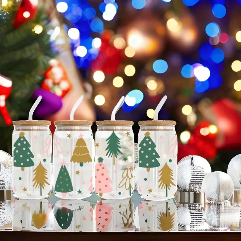 4pcs 550ml christmas tree glass with lid and straw home office cup tea beer milk cup Product details 7