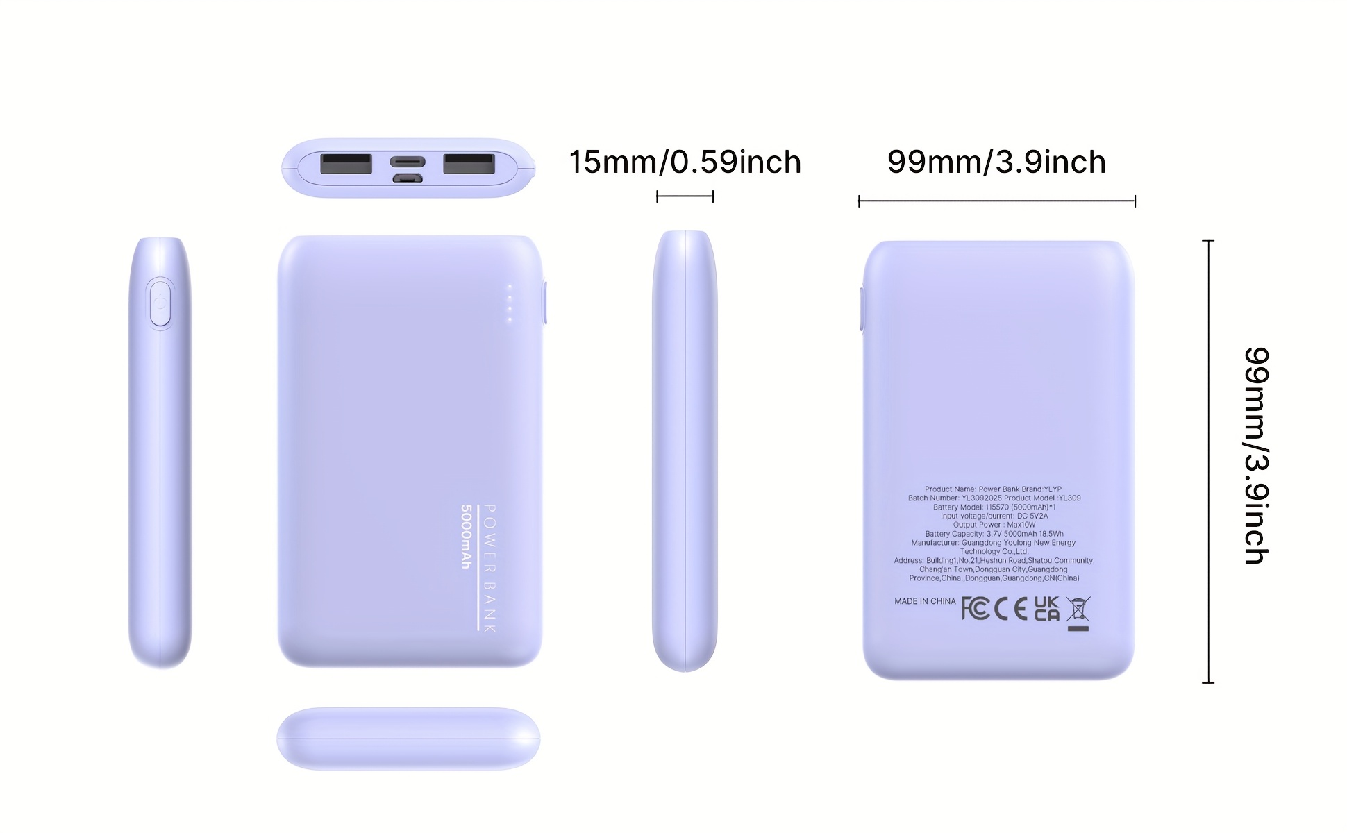 Batterie Externe Ultra-Mince 5000mAh, Chargeur Portable avec Double Sorties USB & Câble Type-C, Sauvegarde de Charge 5V2A pour iPhone et Téléphones for Samsung Android, Urgence Voyage en Plein Air, Cadeaux de Vacances (Léger & Compact)