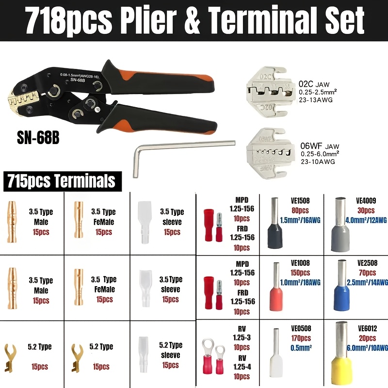 E-shop 718-teiliges neues SN-68B Kabelzange-Set (0,08-1,5 mm²/AWG28-16) mit austauschbarem Kopf verschiedenen Crimpklemmen, Kaltgepresste Kabelklemmen