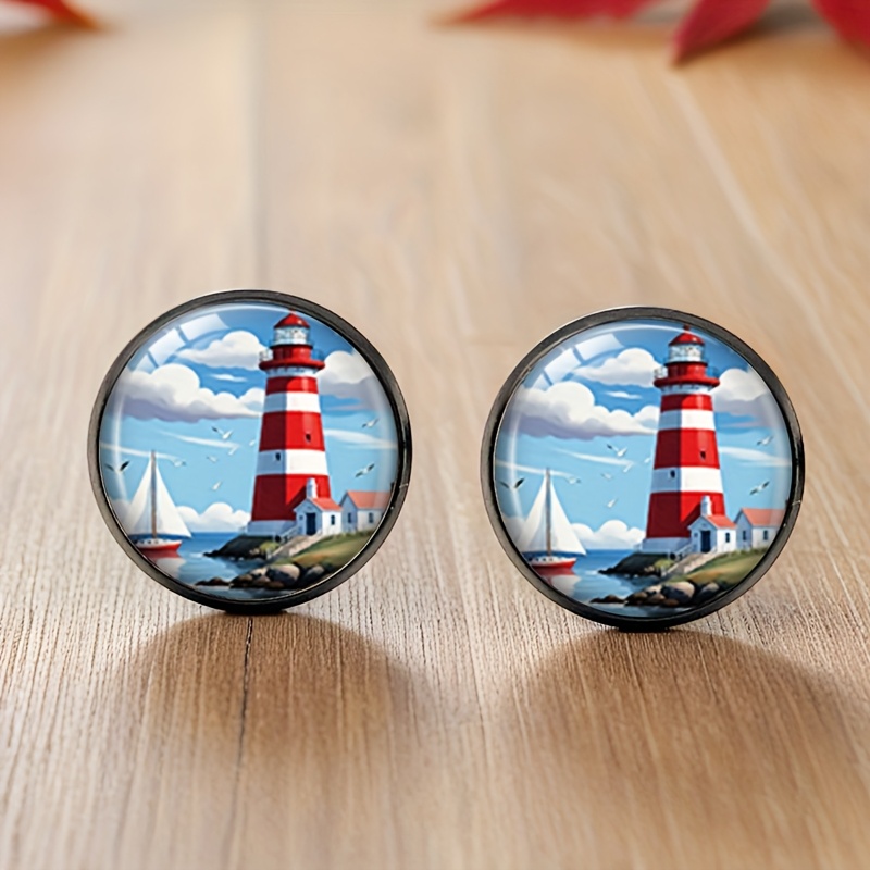 E-shop Ein Paar runde Glasohrringe mit Schiff und , handgefertigter Schmuck, ohne Batterie