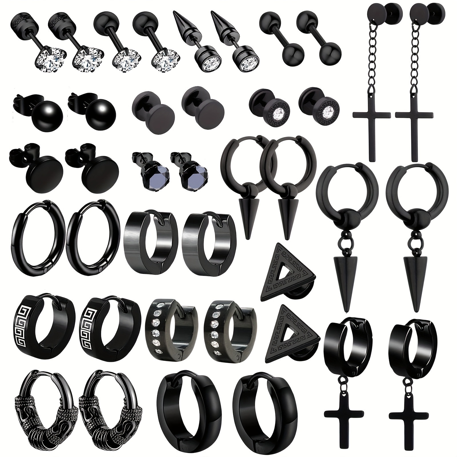 Image of 40pcs Punk Hip-hop Style 304 Stainless Steel Earring Set, Multiple Styles Of Perforated Jewelry Set, Suitable For Men And Women, Suitable For Daily Use Or Parties, As A Gift