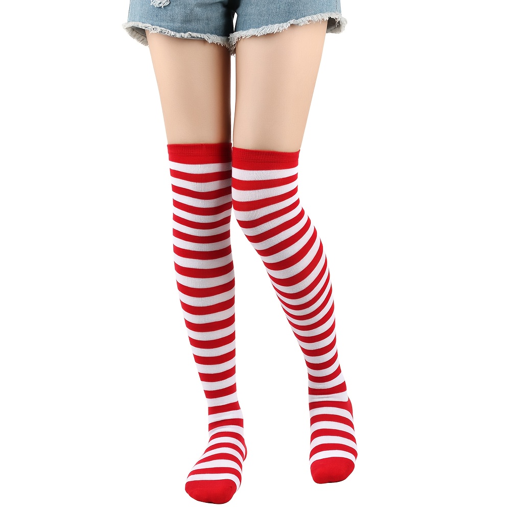 TEMU 1pair Women's Striped Over The Knee Stockings, Halloween Cosplay Striped Thigh Stockings, Stylish And Breathable Stockings, Women's Stockings,