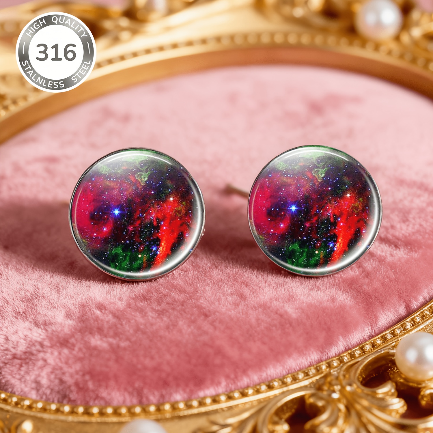 2pcs Set Stainless Steel Non-Piercing Earrings with Colorful Nebula Patterns