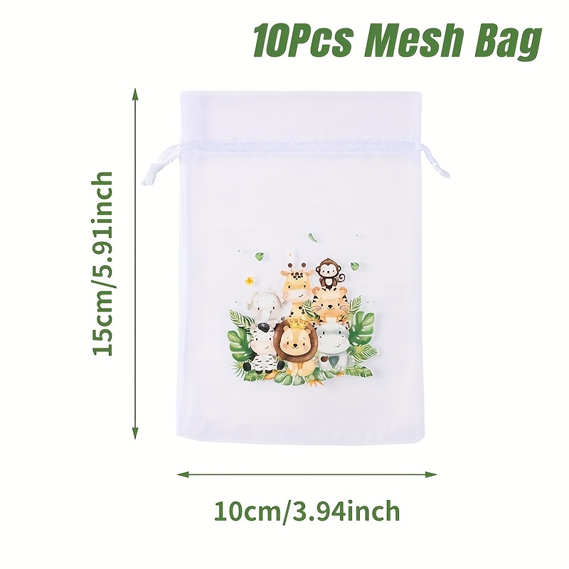 E-shop 10 Stück, Dschungeltier-Netzbeutel, 15*10 cm, Tiger Löwen Giraffen Elefanten Muster Zugband-Geschenktüte, Happy Birthday Party-Deko, Baby Shower